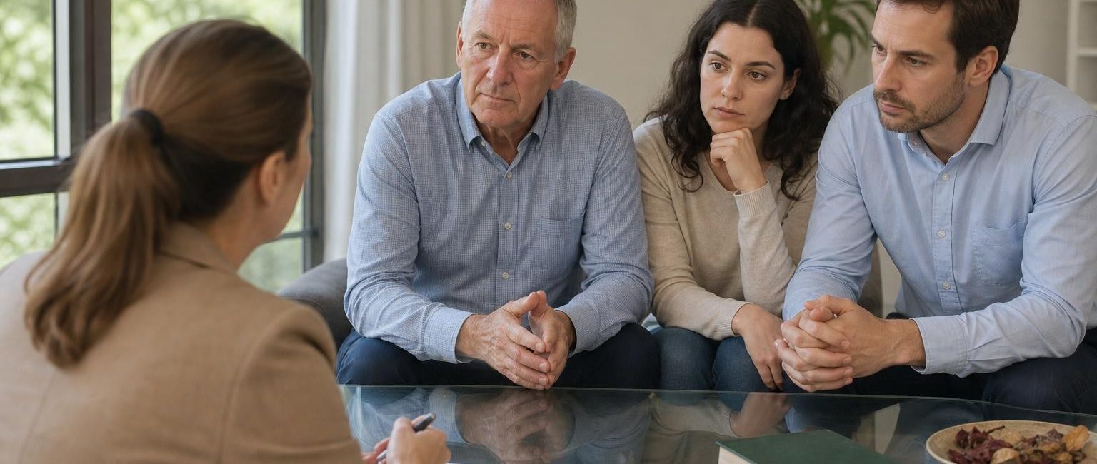 An older man and a younger couple sit on a sofa with concerned expressions, listening to a professional woman taking notes during a meeting.
