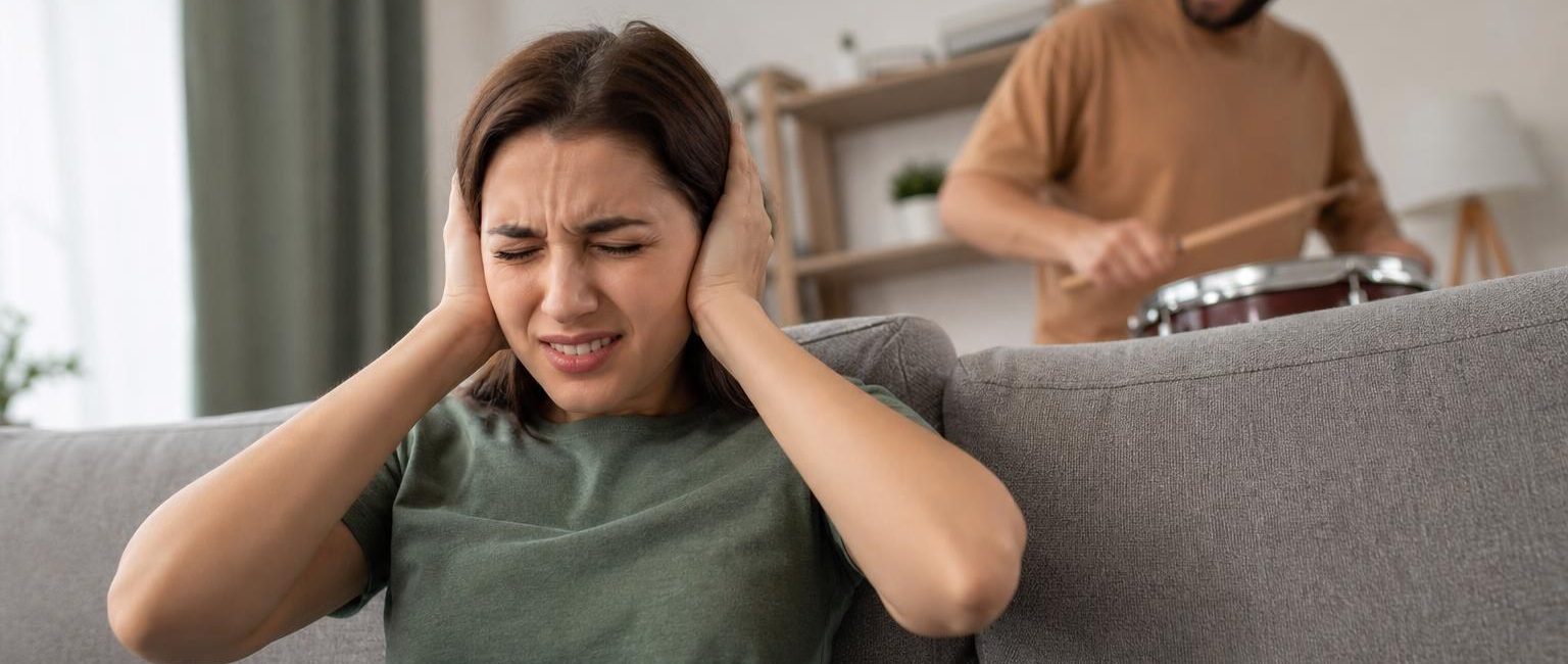 Distressed woman covering her ears on a couch while a man plays loud drums and shouts in the background.