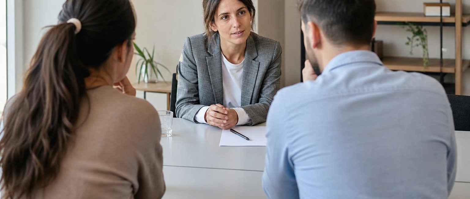 Professional female mediator in a grey blazer speaking with a couple at a white table in a bright, modern office.