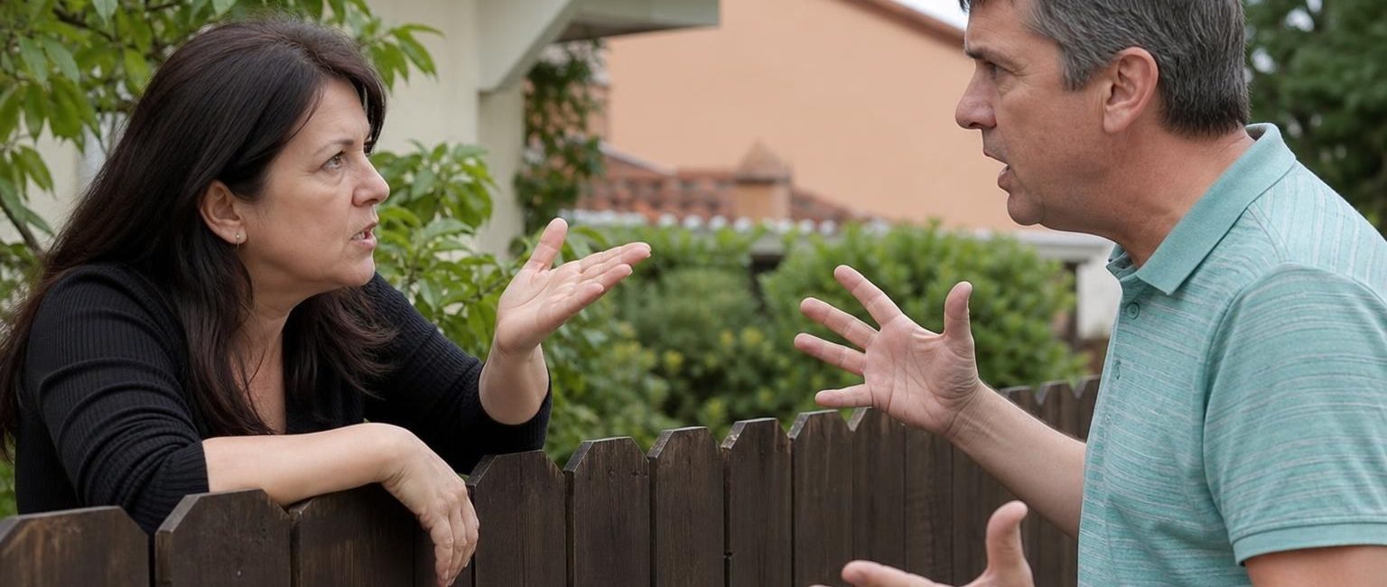 A man and woman having a heated argument with expressive hand gestures over a dark wooden garden fence between their houses.
