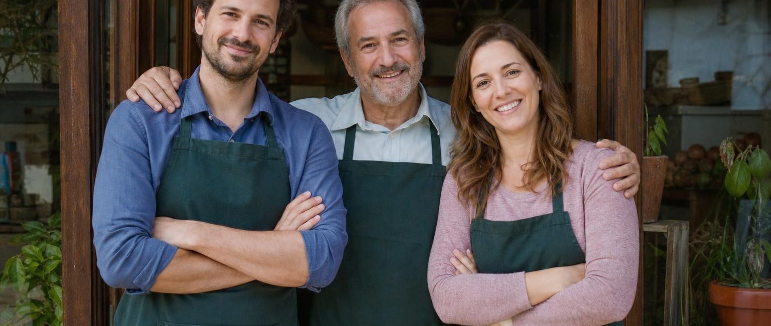 Three smiling people wearing green aprons standing together at the wooden entrance of a rustic shop or workshop.