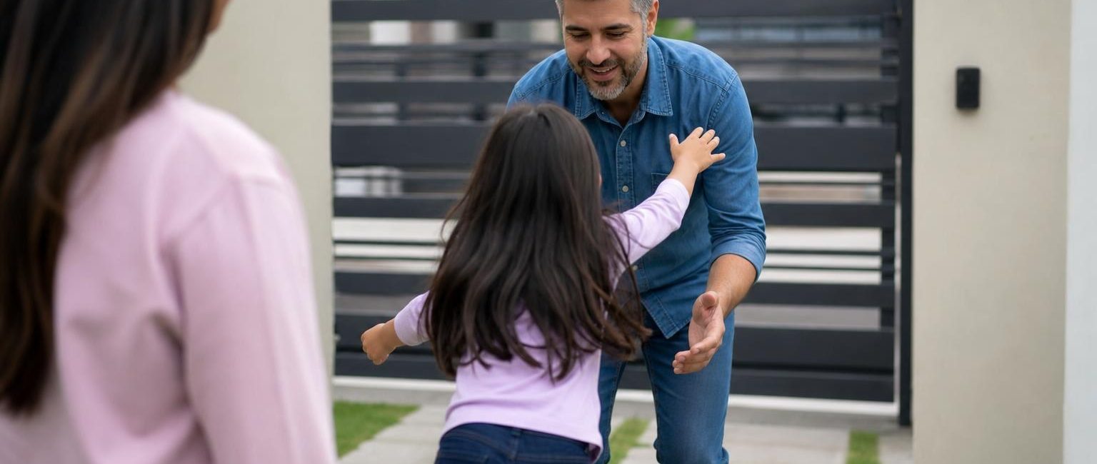 Smiling father in a denim shirt opens his arms to greet his young daughter as she runs toward him, while the mother watches from the foreground.
