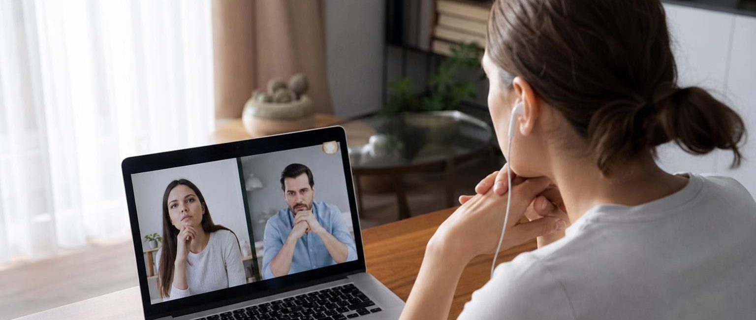 Woman with earphones at a desk hosting a video call on her laptop with a man and woman who appear to be in a serious discussion.