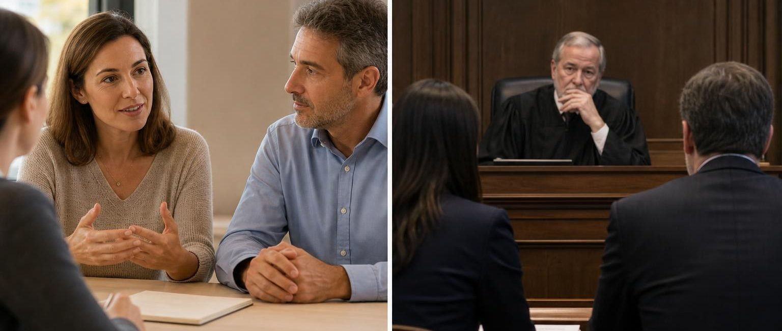 Split screen comparing a casual mediation meeting at a bright table with a formal courtroom trial presided over by a judge.