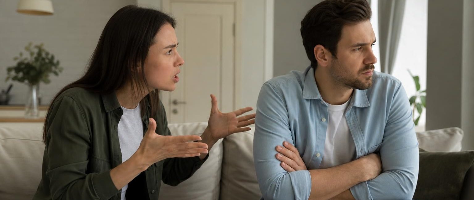 Woman gesturing angrily while shouting at a man with crossed arms who is looking away on a living room sofa.