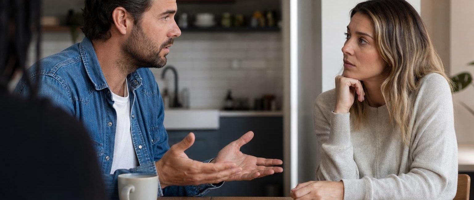 Man in a denim shirt gestures with open hands while explaining something to a woman listening intently with her chin in her hand.