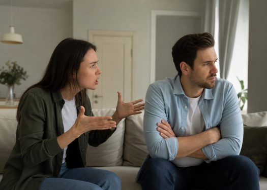 Woman gesturing angrily while shouting at a man with crossed arms who is looking away on a living room sofa.