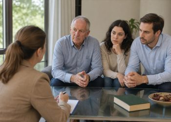 An older man and a younger couple sit on a sofa with concerned expressions, listening to a professional woman taking notes during a meeting.