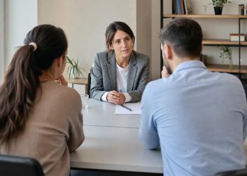 Professional female mediator in a grey blazer speaking with a couple at a white table in a bright, modern office.
