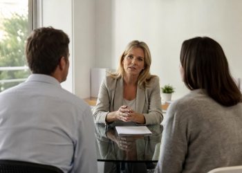 Professional woman in a grey blazer speaking to a couple across a glass table in a bright, modern office setting.