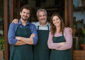 Three smiling people wearing green aprons standing together at the wooden entrance of a rustic shop or workshop.