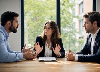 Professional woman in a black blazer mediating a discussion between two men at a wooden table in a bright office with large windows.
