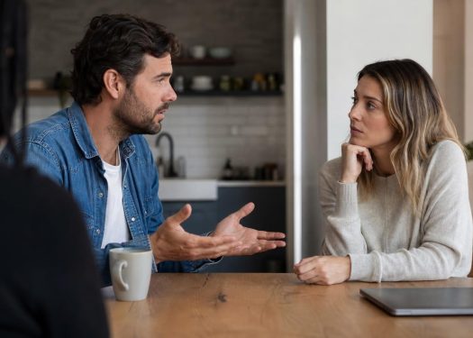 Man in a denim shirt gestures with open hands while explaining something to a woman listening intently with her chin in her hand.