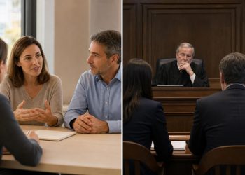 Split screen comparing a casual mediation meeting at a bright table with a formal courtroom trial presided over by a judge.